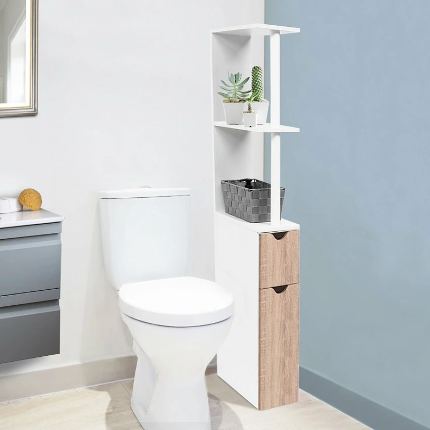 De gros 🔥 IDMARKET Meuble WC étagère WILLY bois gain de place pour toilette 2 portes hêtre 🛒 – Image 2