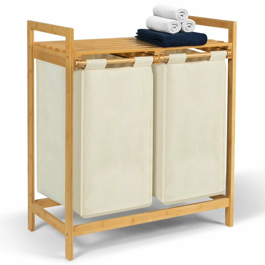 Bon marché ✨ IDMARKET Bac à linge double bambou ALI tissu écru 🥰