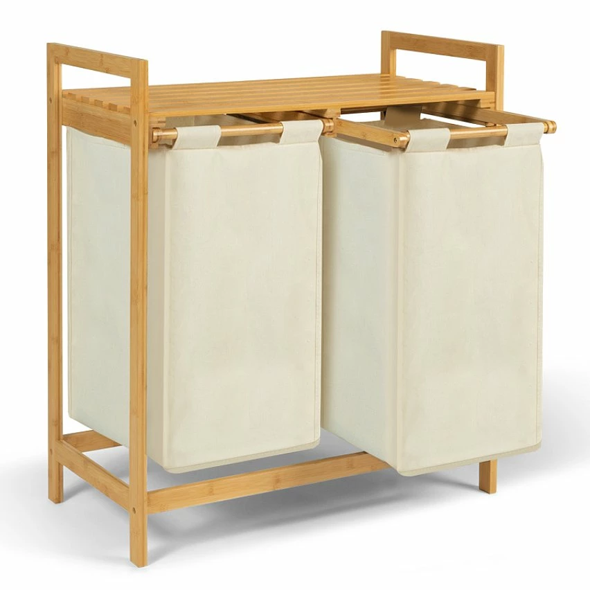 Bon marché ✨ IDMARKET Bac à linge double bambou ALI tissu écru 🥰 – Image 3