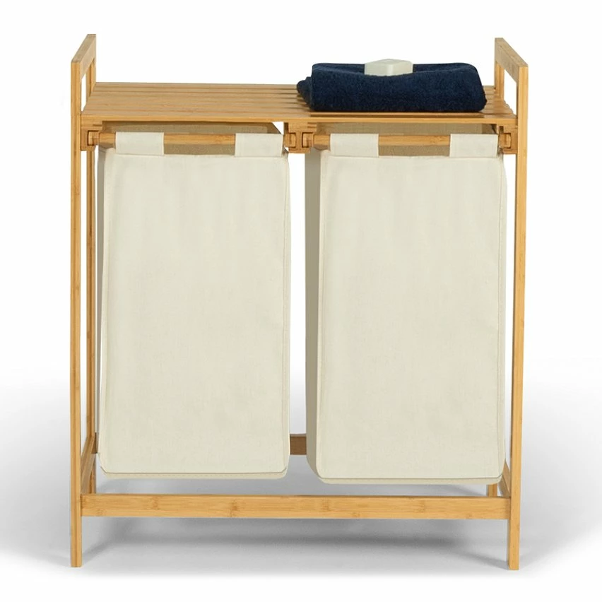 Bon marché ✨ IDMARKET Bac à linge double bambou ALI tissu écru 🥰 – Image 4