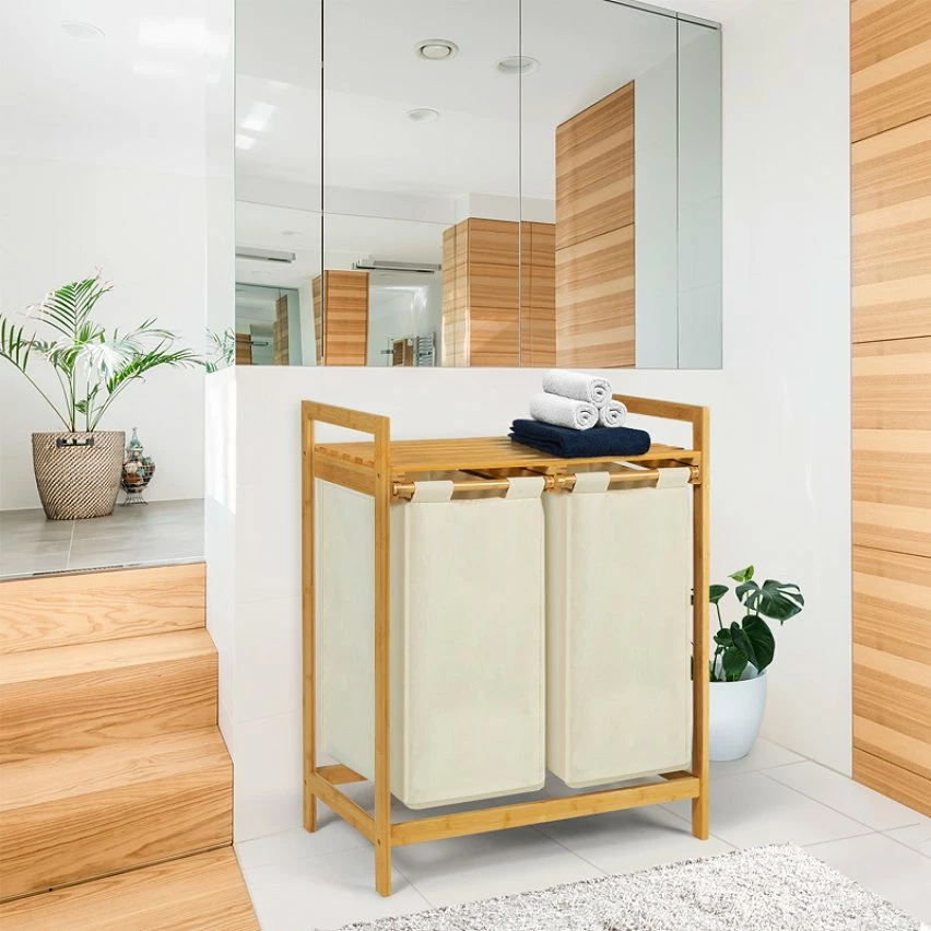 Bon marché ✨ IDMARKET Bac à linge double bambou ALI tissu écru 🥰 – Image 5