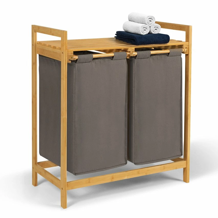 Meilleur prix đ IDMARKET Bac Ă linge double bambou ALI tissu gris anthracite â