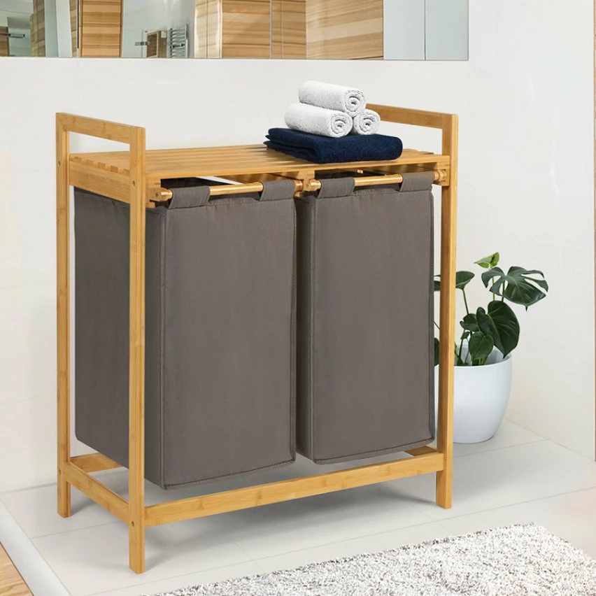 Meilleur prix đ IDMARKET Bac Ă linge double bambou ALI tissu gris anthracite â â Image 2