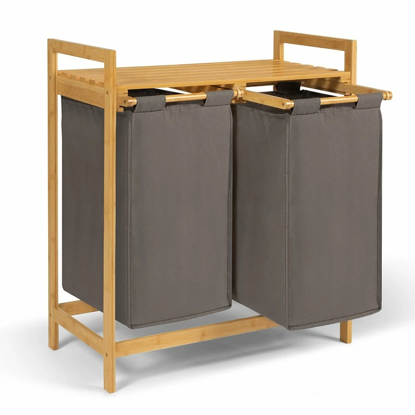 Meilleur prix đ IDMARKET Bac Ă linge double bambou ALI tissu gris anthracite â â Image 3