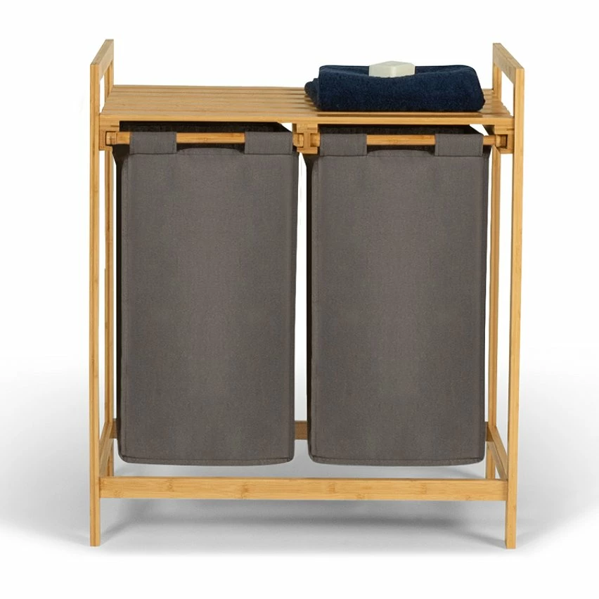 Meilleur prix đ IDMARKET Bac Ă linge double bambou ALI tissu gris anthracite â â Image 4