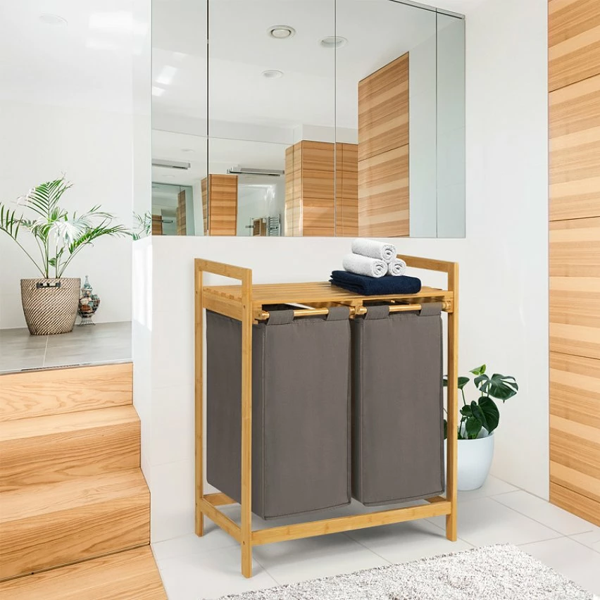 Meilleur prix đ IDMARKET Bac Ă linge double bambou ALI tissu gris anthracite â â Image 5