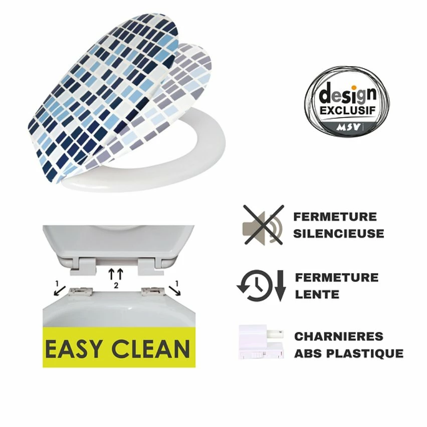 Vente flash 🧨 MSV Abattant WC Thermo Dur MOSAIKO Bleu & Blanc - Charnières PS ✔️ – Image 2