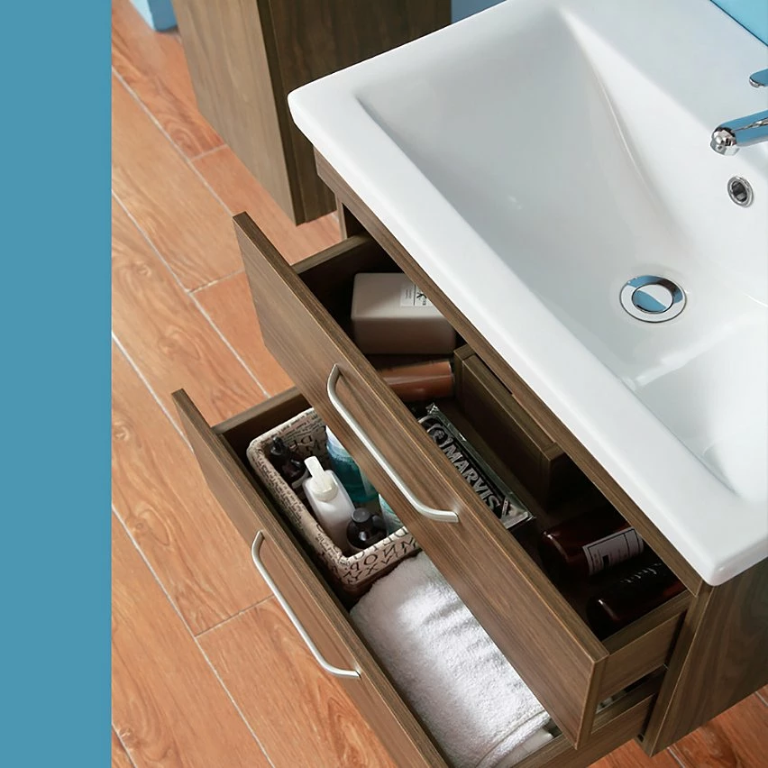 Acheter ⌛ AICA Sanitaire meuble suspendu noyer avec deux tiroirs, 58 x 38 x 50 cm, lavabo en céramique 🛒 – Image 4