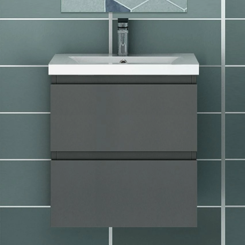 Offres 🔔 AICA Sanitaire meuble de rangement couleur anthracite avec 2 tiroirs et un vasque en céramique 🎉 – Image 2