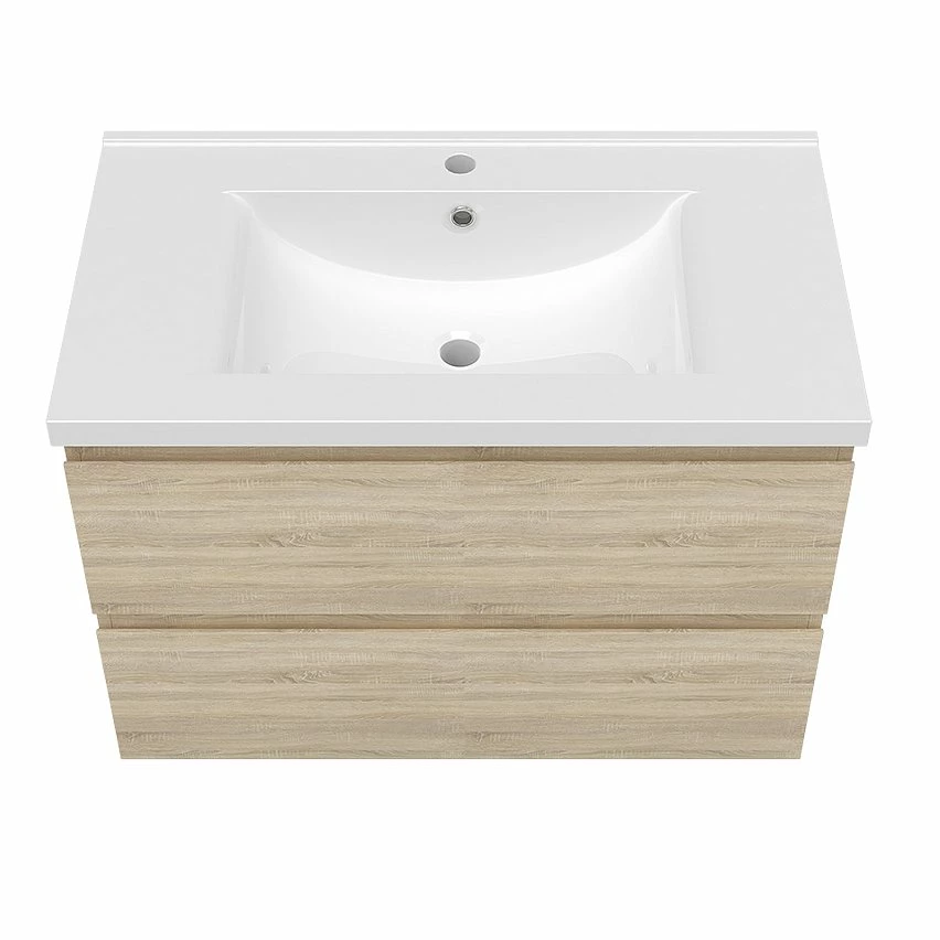 Meilleure affaire đ§š AICA Sanitaire meuble de couleur chĂȘne suspendu de salle de bain, 2 tirois, vasque en cĂ©ramique. â â Image 2