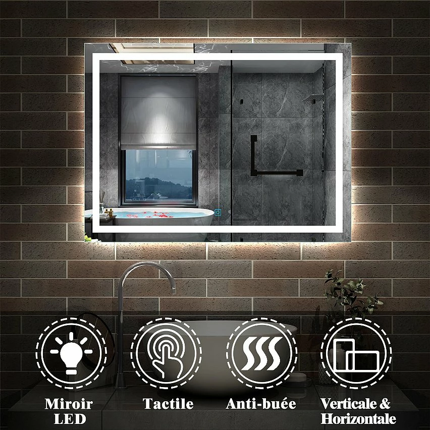 Acheter 🤩 AICA Sanitaire Miroir antibuée avec interrupteur tactile + commande unique + lumière blanche 6000k + 90 x 4 x 60 cm (L x P x H) 😀 – Image 5