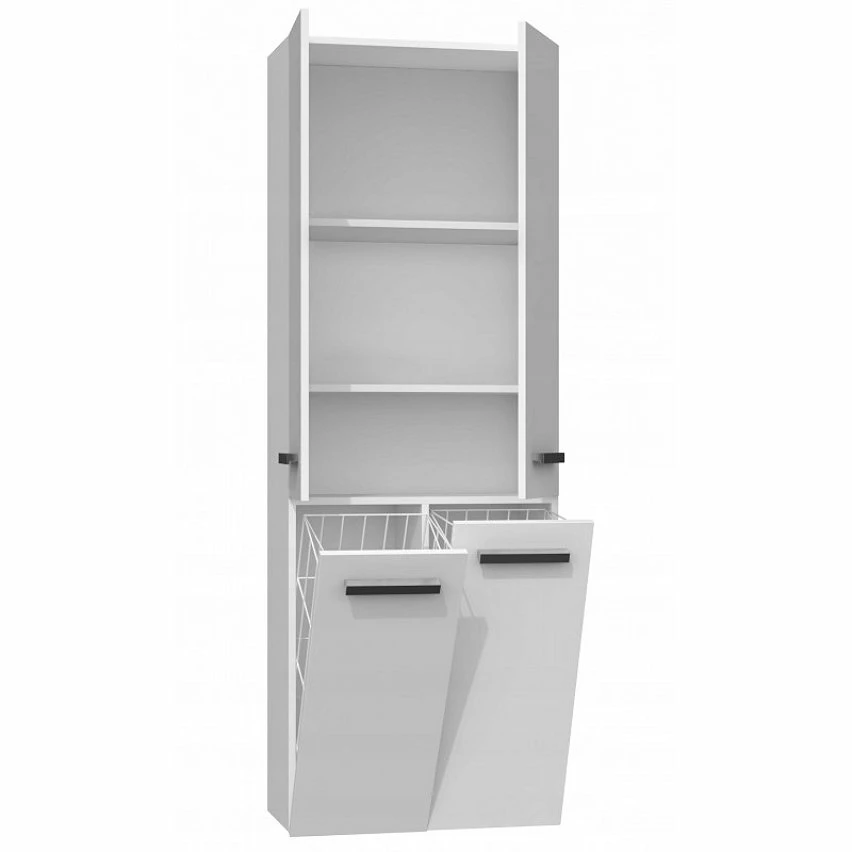 Coupon 🥰 Hucoco ELLOS - Armoire de salle de bain avec deux paniers - Poignées minimalistes - Dimensions : 174x60x30 - Colonne de rangement - Blanc ⌛ – Image 2