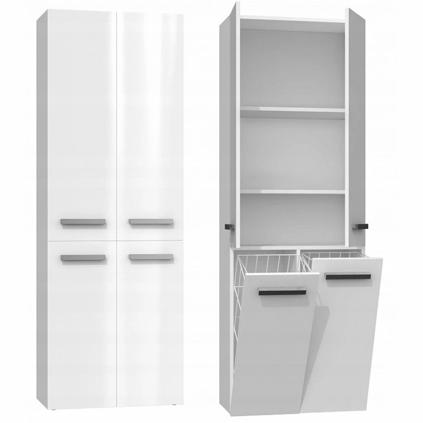 Coupon 🥰 Hucoco ELLOS - Armoire de salle de bain avec deux paniers - Poignées minimalistes - Dimensions : 174x60x30 - Colonne de rangement - Blanc ⌛ – Image 4