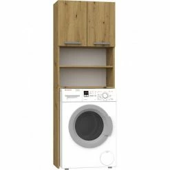 Le moins cher 🥰 Hucoco COMO - Meuble pour machine à laver - 64x183x30cm - Rangement espace buanderie lave linge salle de bains - Style moderne - Chêne 💯