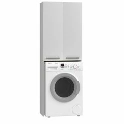 Tout neuf 🛒 Hucoco COMO - Meuble pour machine à laver style moderne - 183x64x30 - 2 portes+4 étagères - Blanc ⌛