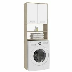 Meilleur prix ✔️ Hucoco LENA - Meuble pour machine à laver 180x64x30 cm - Rangement buanderie lave linge salle de bain avec étagères - Sonoma/Blanc 🌟