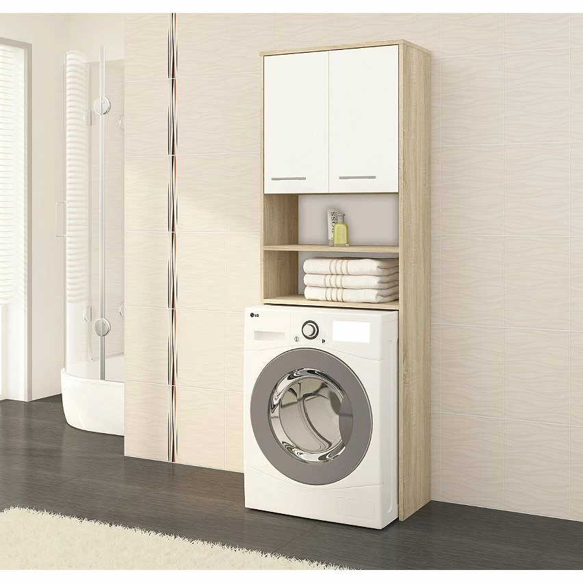 Meilleur prix ✔️ Hucoco LENA - Meuble pour machine à laver 180x64x30 cm - Rangement buanderie lave linge salle de bain avec étagères - Sonoma/Blanc 🌟 – Image 2