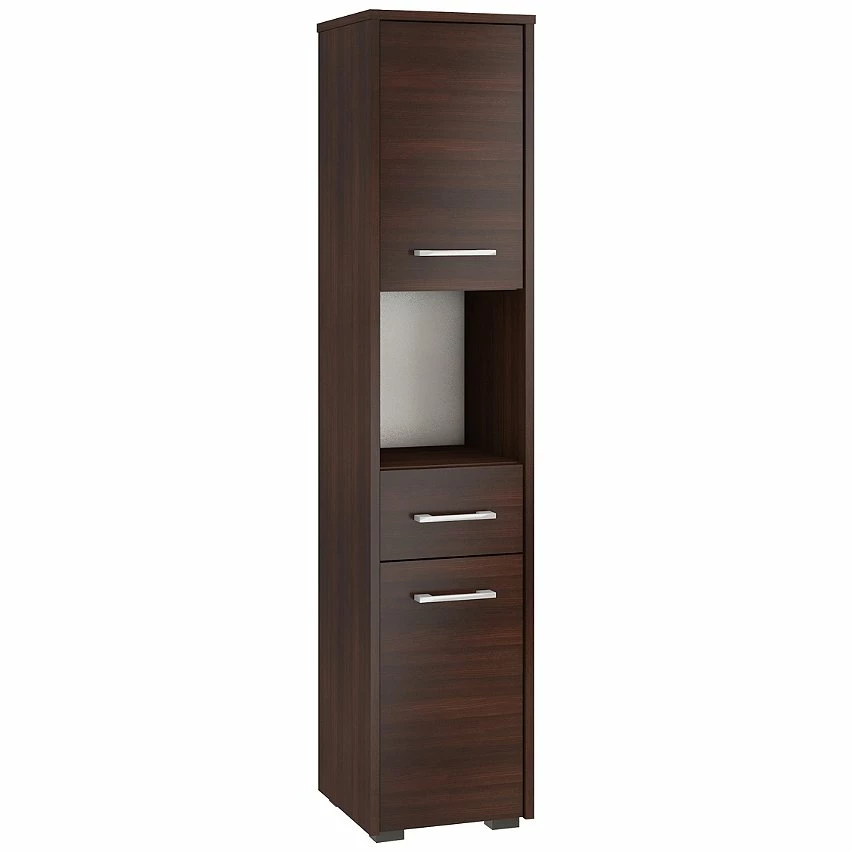 Remise 🌟 Hucoco AMIRA - Armoire Colonne de salle de bain design 140x30x30 cm - Meuble de rangement moderne - 2 portes 1 tiroir - Wenge 🤩