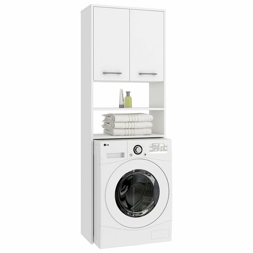 Remise 🥰 Hucoco LENA - Meuble pour machine à laver 180x64x30 cm - Rangement buanderie lave linge salle de bain - Blanc 🎉