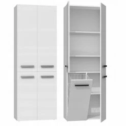 Acheter 🥰 Hucoco RORY - Armoire de salle de bain avec panier - Dimensions 174x60x30 - Meuble de rangement salle de bain espace buanderie - Blanc 🧨