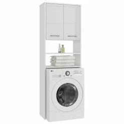 De gros ⭐ Hucoco LENA - Meuble pour machine à laver 180x64x30cm - Espace de rangement buanderie/lave linge/salle de bain avec placard/étagères - Blanc laqué 🎁