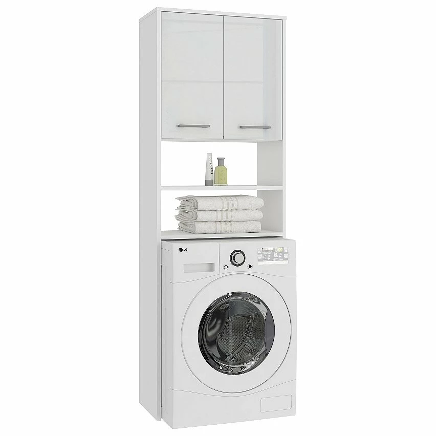 De gros ⭐ Hucoco LENA - Meuble pour machine à laver 180x64x30cm - Espace de rangement buanderie/lave linge/salle de bain avec placard/étagères - Blanc laqué 🎁