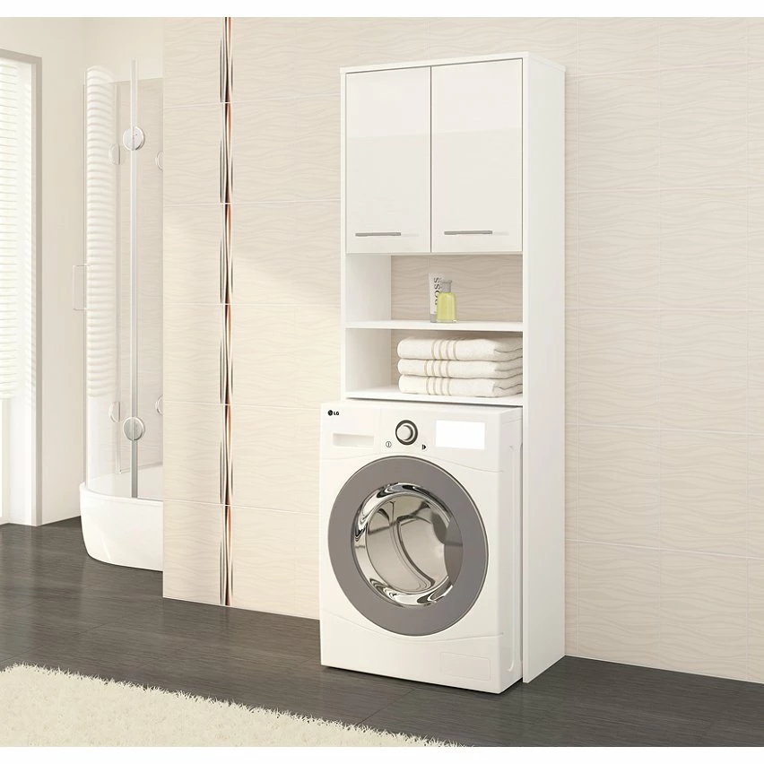 De gros ⭐ Hucoco LENA - Meuble pour machine à laver 180x64x30cm - Espace de rangement buanderie/lave linge/salle de bain avec placard/étagères - Blanc laqué 🎁 – Image 2
