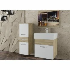 Meilleur prix ✔️ Hucoco NOMI - Ensemble de salle de bain - 4 pcs - Meuble vasque- Vasque en porcelaine - Beige 🔔