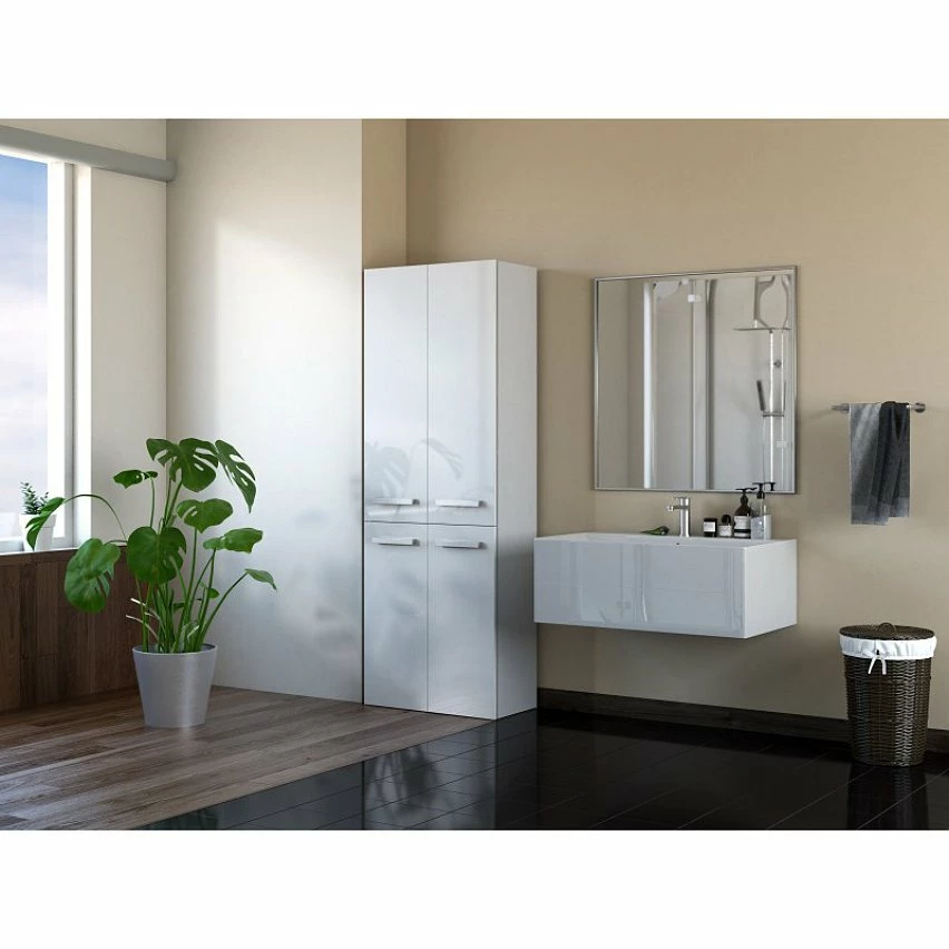 Coupon 🥰 Hucoco ELLOS - Armoire de salle de bain avec deux paniers - Poignées minimalistes - Dimensions : 174x60x30 - Colonne de rangement - Blanc ⌛ – Image 3