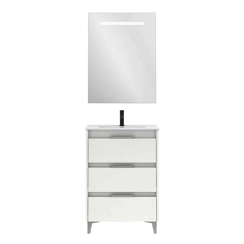 Meilleure vente ❤️ Amizuva Ensemble de meuble, vasque et miroir SUKI avec tris tiroirs H.74 x L.60 x P.46 , effet blanc brillant 🎉