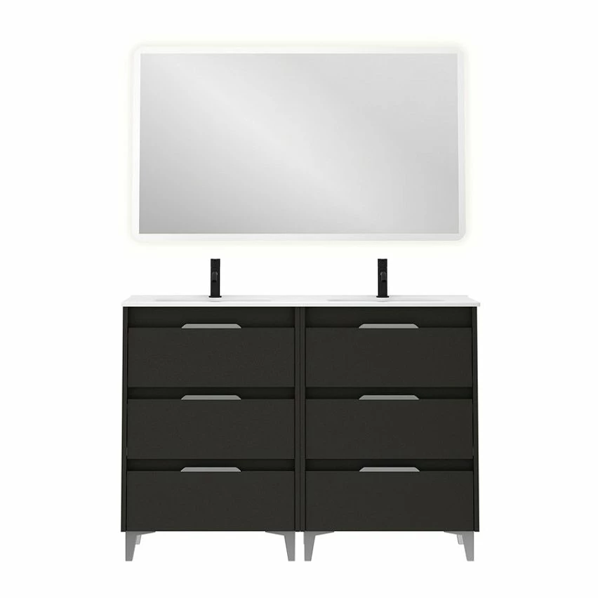 Sortie 🥰 Amizuva Ensemble de meuble, vasque et miroir SUKI avec six tiroirs H.74 x L.120 x P.46 , effet Anthracite brillant ❤️