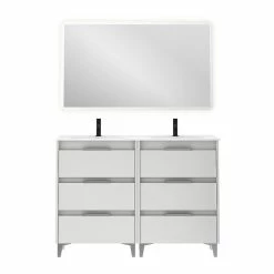 De gros 😉 Amizuva Ensemble de meuble, vasque et miroir SUKI avec six tiroirs H.74 x L.120 x P.46 , effet blanc brillant ❤️