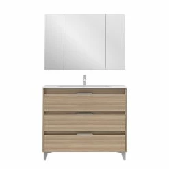 Offres 🌟 Amizuva Ensemble de meuble, vasque et miroir SUKI avec tris tiroirs H.74 x L.100 x P.46 , effet noyer sablé 👏