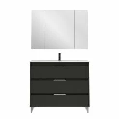 Coupon 🎉 Amizuva Ensemble de meuble, vasque et miroir SUKI avec tris tiroirs H.74 x L.100 x P.46 , effet Anthracite brillant 🎁