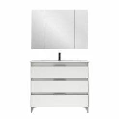 De gros 🛒 Amizuva Ensemble de meuble, vasque et miroir SUKI avec tris tiroirs H.74 x L.100 x P.46 , effet blanc brillant ⭐