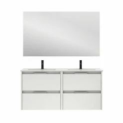 Budget 🔔 Amizuva Ensemble de meuble, vasque et miroir SUKI avec quatre tiroirs H.56,5 x L.120 x P.46 , effet blanc brillant 🤩