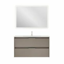 Meilleur prix 🎁 Amizuva Ensemble de meuble, vasque et miroir SUKI avec deux tiroirs H.56,5 x L.100 x P.46 , effet Fumé sablé ✨