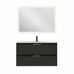 Bon marché 💯 Amizuva Ensemble de meuble, vasque et miroir SUKI avec deux tiroirs H.56,5 x L.100 x P.46 , effet Anthracite brillant 👏