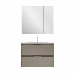 Bon marché 🤩 Amizuva Ensemble de meuble, vasque et miroir SUKI avec deux tiroirs H.56,5 x L.80 x P.46 , effet Fumé sablé 👍