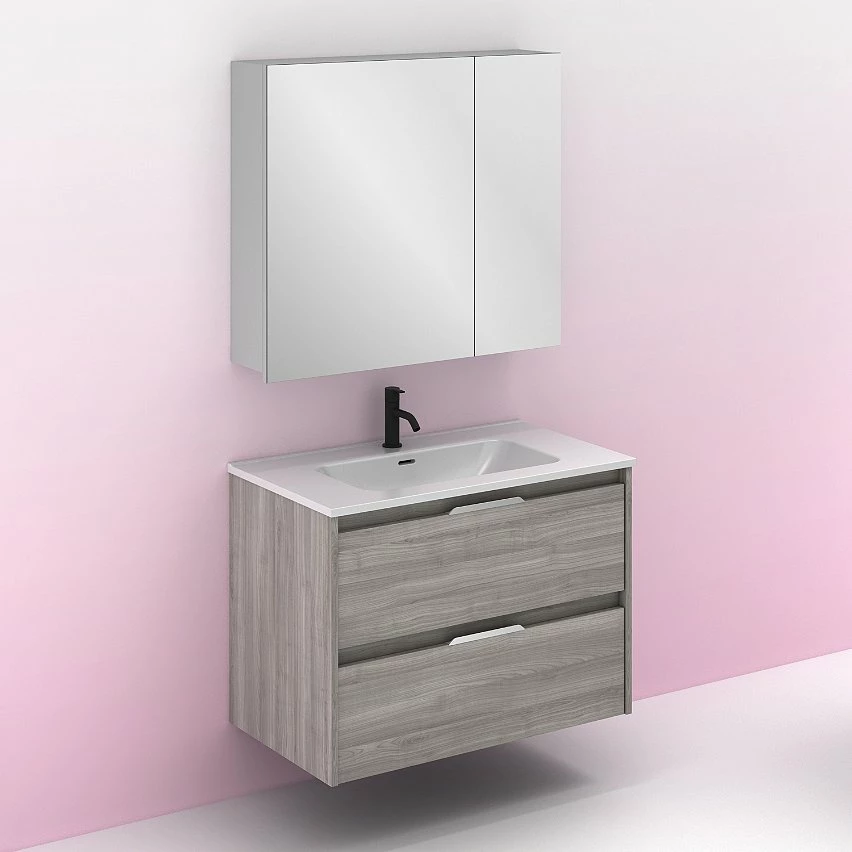 Acheter 👏 Amizuva Meuble simple vasque SUKI avec deux tiroirs H.56,5 x L.80 x P.46 , effet Gris sablé | Il comprend la vasque en céramique ✔️ – Image 6