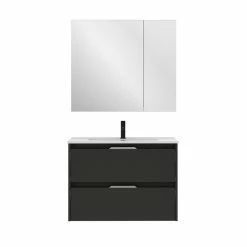 Promo 😉 Amizuva Ensemble de meuble, vasque et miroir SUKI avec deux tiroirs H.56,5 x L.80 x P.46 , effet Anthracite brillant 😍