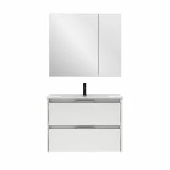 Bon marché 🎁 Amizuva Ensemble de meuble, vasque et miroir SUKI avec deux tiroirs H.56,5 x L.80 x P.46 , effet blanc brillant 🧨