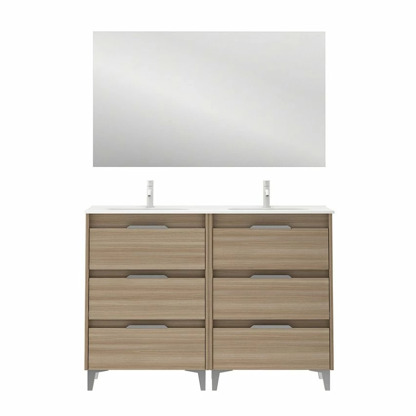 Meilleur prix 👍 Amizuva Meuble double vasque SUKI avec six tiroirs H.74 x L.120 x P.46 , effet noyer sablé | Il comprend la vasque en céramique 💯