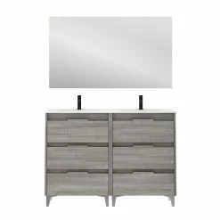 Remise ✨ Amizuva Meuble double vasque SUKI avec six tiroirs H.74 x L.120 x P.46 , effet Gris sablé | Il comprend la vasque en céramique ✨