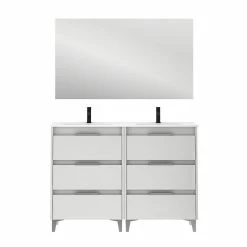 Nouveau 🌟 Amizuva Meuble double vasque SUKI avec six tiroirs H.74 x L.120 x P.46 , effet blanc brillant | Il comprend la vasque en céramique 🔥