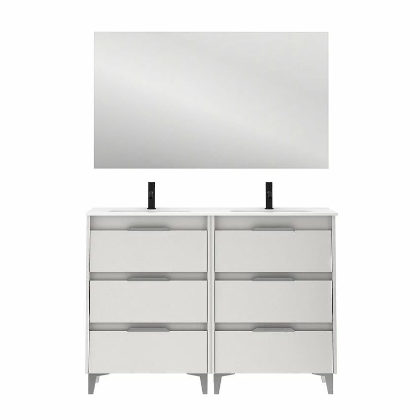 Nouveau 🌟 Amizuva Meuble double vasque SUKI avec six tiroirs H.74 x L.120 x P.46 , effet blanc brillant | Il comprend la vasque en céramique 🔥