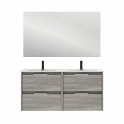 Vente flash 😍 Amizuva Ensemble de meuble, vasque et miroir SUKI avec quatre tiroirs H.56,5 x L.120 x P.46 , effet Gris sablé ⌛