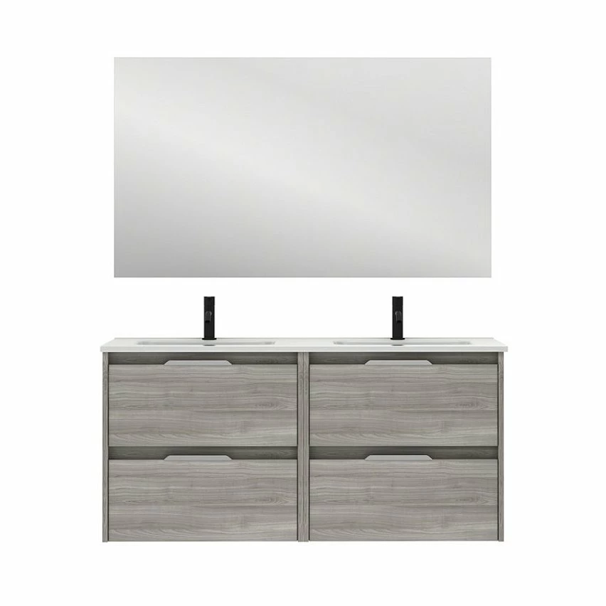 Vente flash đ Amizuva Ensemble de meuble, vasque et miroir SUKI avec quatre tiroirs H.56,5 x L.120 x P.46 , effet Gris sablĂ© â