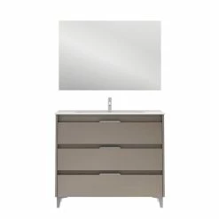 Meilleure vente 🔥 Amizuva Meuble simple vasque SUKI avec tris tiroirs H.74 x L.100 x P.46 , effet Fumé sablé | Il comprend la vasque en céramique 🔔