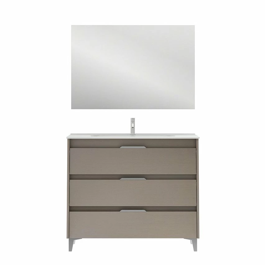 Meilleure vente 🔥 Amizuva Meuble simple vasque SUKI avec tris tiroirs H.74 x L.100 x P.46 , effet Fumé sablé | Il comprend la vasque en céramique 🔔